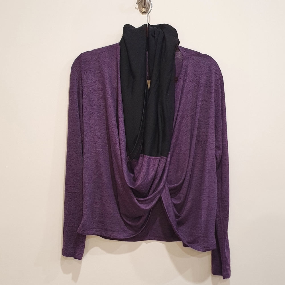 Karma yoga wrap scarf neck lightweight knit sweater, purple black, size medium